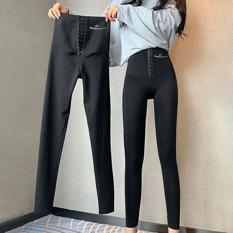 Black High Waist Corset Leggings Women High Waist Casual Skinny Pantalones Gym Sport Stretch Capris Slim Ankle Length Sweatpants