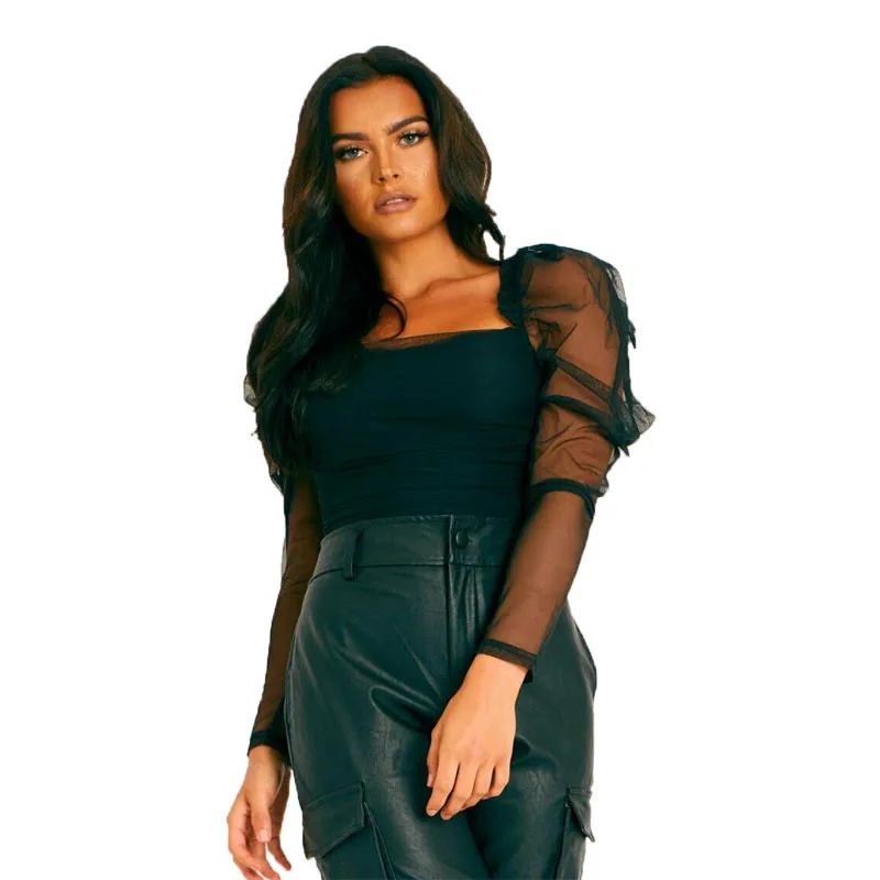 Fashion Women Sexy Lace Shirt Casual Transparent Top Solid Mesh Patchwork Women Elegant Office Puff Sleeve Ruched Blouse Tops Fashion Women Sexy Lace Shirt Casual Transparent Top Solid Mesh Patchwork Women Elegant Office Puff Sleeve Ruched Blouse Tops