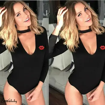 

Women Sexy V-Neck Cotton Bodysuit Long-sleeved Autumn Clothing Slim Short Red Lip Jumpsuit Rompers Suit Casual Pullover Party