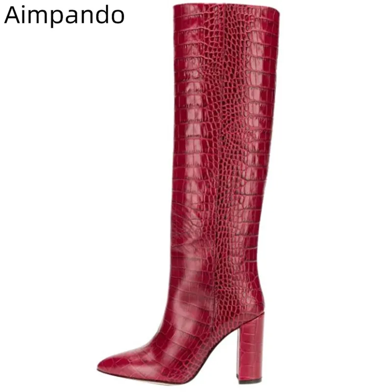 

Sexy Serpentine Over The Knee Boots Woman Chunky Heel Pointy Toes Women Booties Fashion Autumn Catwalk Botas Mujer Big Size