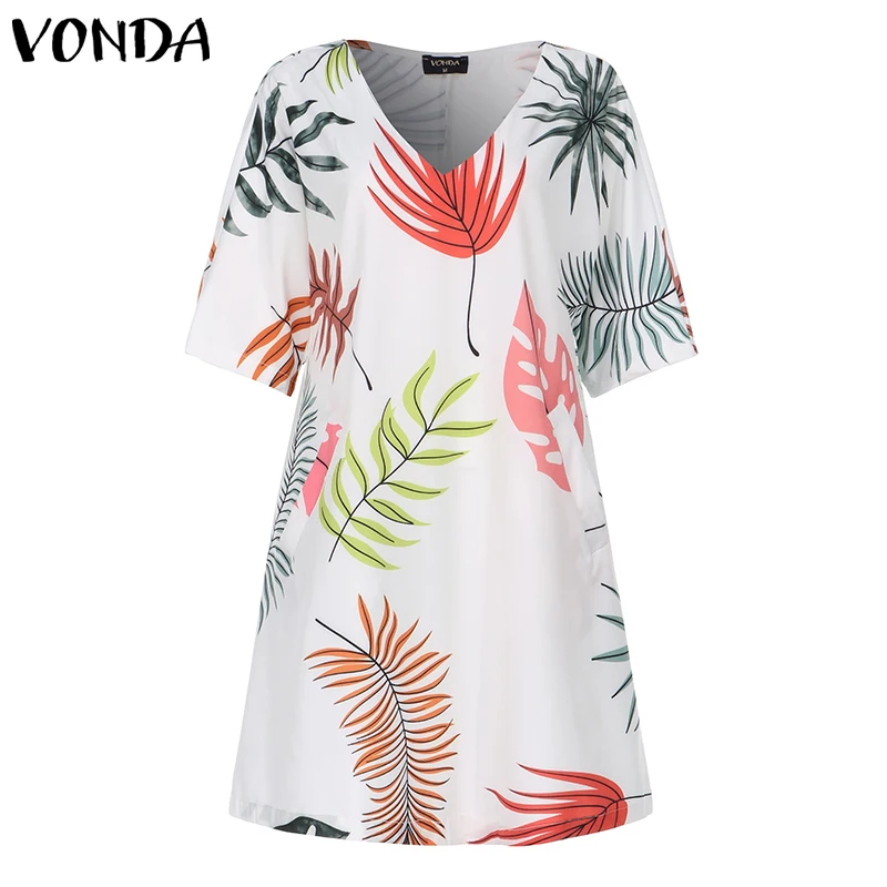 VONDA, женские короткие платья с v-образным вырезом и коротким рукавом, летнее платье, вечерние платья размера плюс, пляжный сарафан, богемное платье, Vestidos S-5XL