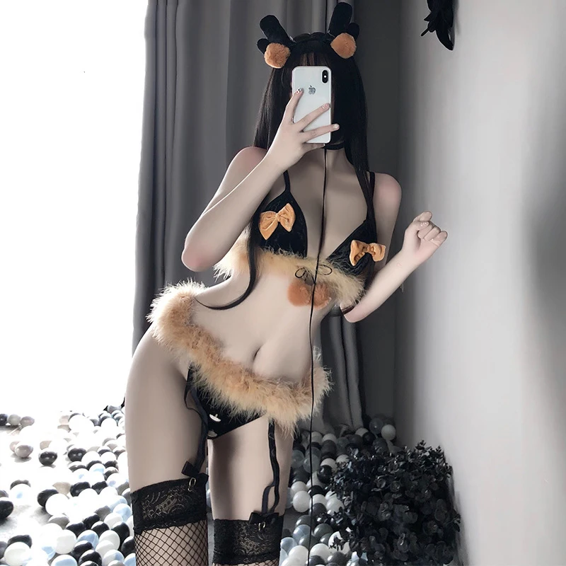 Cute Elk Xmas Cosplay Costumes Bow-knot Fuzzy Bra with Hairball Panties Undearwear Lolita Bikini Lingerie Uniform Sexy Lingerie