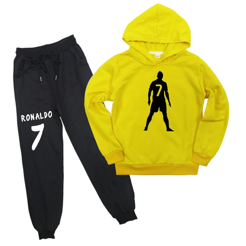 2 шт./компл. детская одежда Ronaldo7 толстовка с капюшоном и брюки, джинсы для маленьких мальчиков и девочек, Повседневное световой CR 7 пуловер толстовки с капюшоном и брюки - Цвет: Цвет: желтый