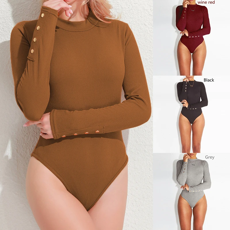 Bodysuit de manga larga de moda de mujer Bodysuit de estiramiento con botón sólido Delgado Casual para damas ropa de otoño