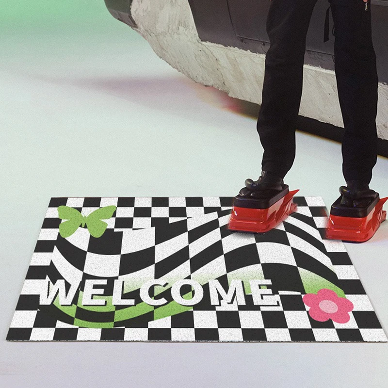 

Custom Modern Plaid Home Front Door Mat Bedroom Kitchen Bathroom Living Room Carpet PVC Non-slip Mat Silk Loop Entrance Door Mat