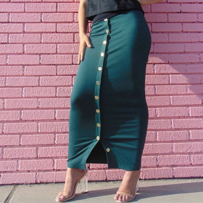 Зимняя Осенняя Женская юбка, мусульманская, на пуговицах, высокая талия, облегающая, длина по щиколотку, длинная юбка, вязаная, сексуальная, юбка-карандаш, уличная одежда, PR799G - Цвет: Dark Green