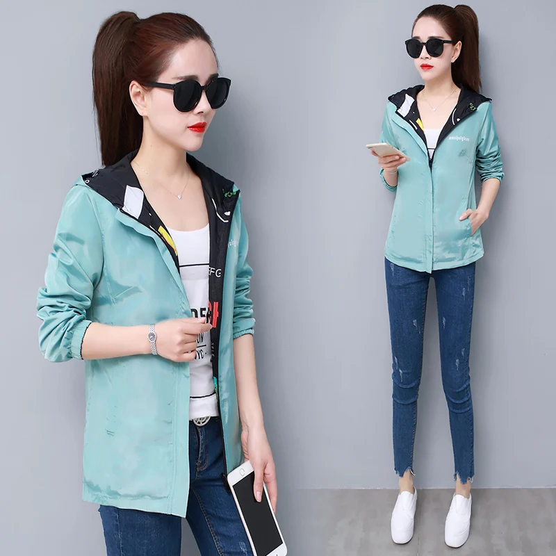lower price  Spring and Autumn Trendy Print Women's Double-Sided coat Hooded coat Korean Edition Loose Thin Wome