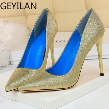 

2019 Women 10.5cm High Heels Glitter Valentine Pumps Lady Escarpins Plus Size Heels Sexy Wedding Bridal Green Prom Gold Shoes