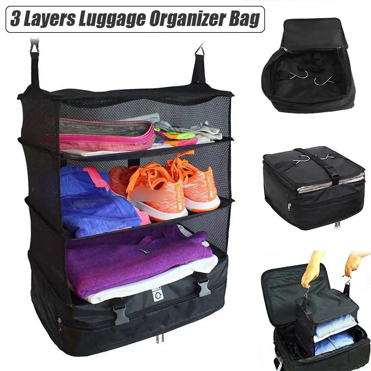 3 Layers Luggage Hanging Travel Bag Medicine Clothes Toiletry Organizer Zip Fold Shoes Storage Packing Carry Case