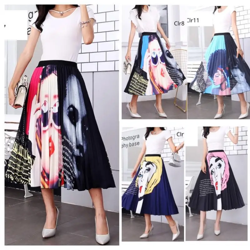 

2020 Spring Summer Skirts Womens Character Cartoon Pattern High Waist Swing Party Holiday Streetwear Mujer Pleated Midi Skirt