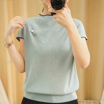 

BELIARST Simple Temperament Cotton and Linen loose Short-Sleeved Woman Sspring and Summer New Wild Was Thin O-Neck Shirt Sweater