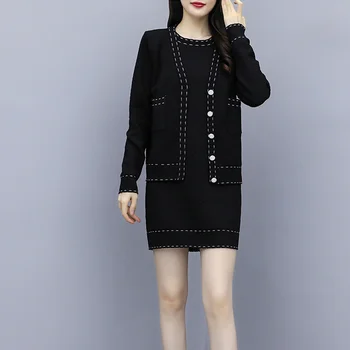 

2020 spring and autumn new elegant dress suit women's knit cardigan two-piece Outfits Female coat set fashion coat dress set