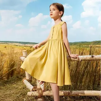 

Brand New Girls Kids Soild Sleeveless Button Shiny Suspender Dress Summer Dresses Casual Beach School Girl Kid Children Clothing