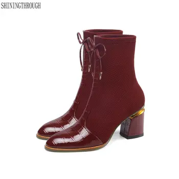 

Genuine leather Wome high heels ankle Boots Autumn Winter patchwork rouned Toe dress party Shoes Woman large size 42 43