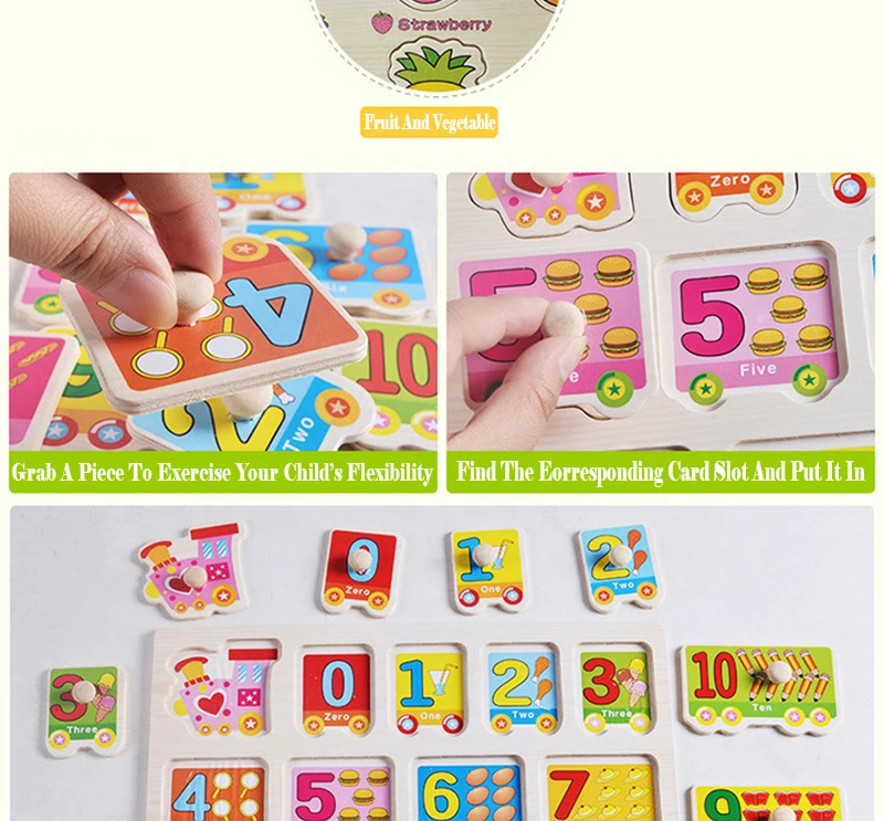 Educacional de Madeira Babys Montessori Jigsaw Brinquedo Crianças Mão Agarrar Placa Cedo Forma Educacional Números Cor Alfabeto Brinquedos 4 Quebra-cab.
