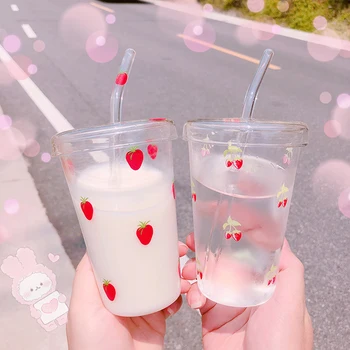 

Kawaii Strawberry Glass Cup With Straw Ins Summer Transparent Water Glass Student Straw Cup Cute Breakfast Milk Coffee Cups