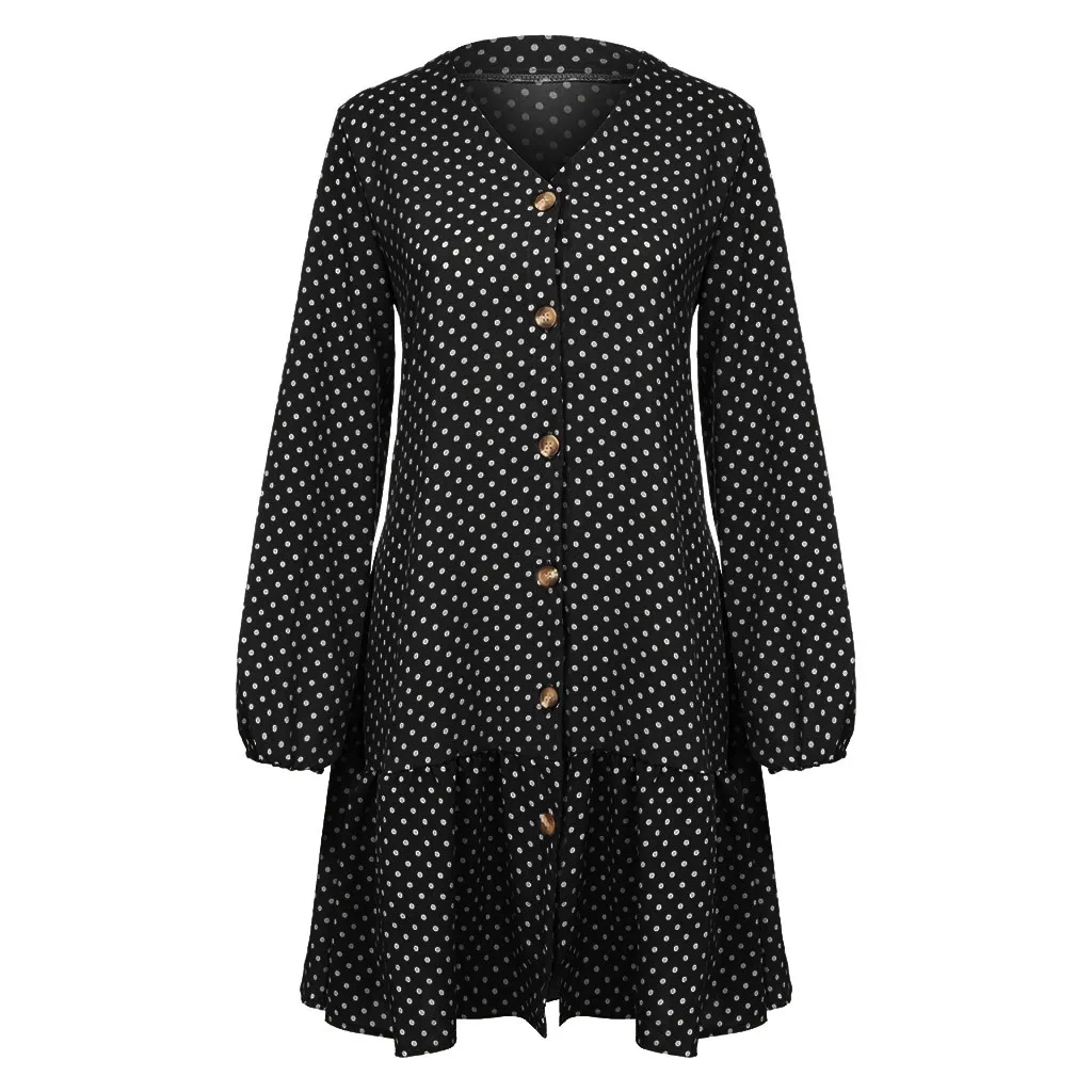 Женские мини платья в горошек Boho с v-образным вырезом на пуговицах, рюшами, длинным рукавом, женское платье vestidos doudoulu sukienka