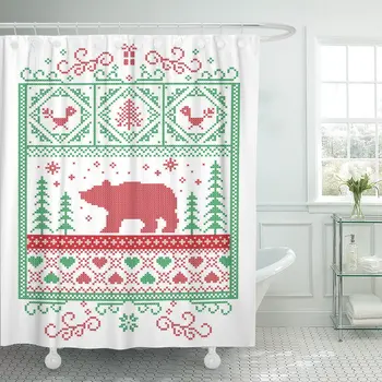 

Elegant Christmas Scandinavian Nordic Winter Stitching Pattern Including Snowflake Shower Curtain Waterproof Polyester 72 x 78