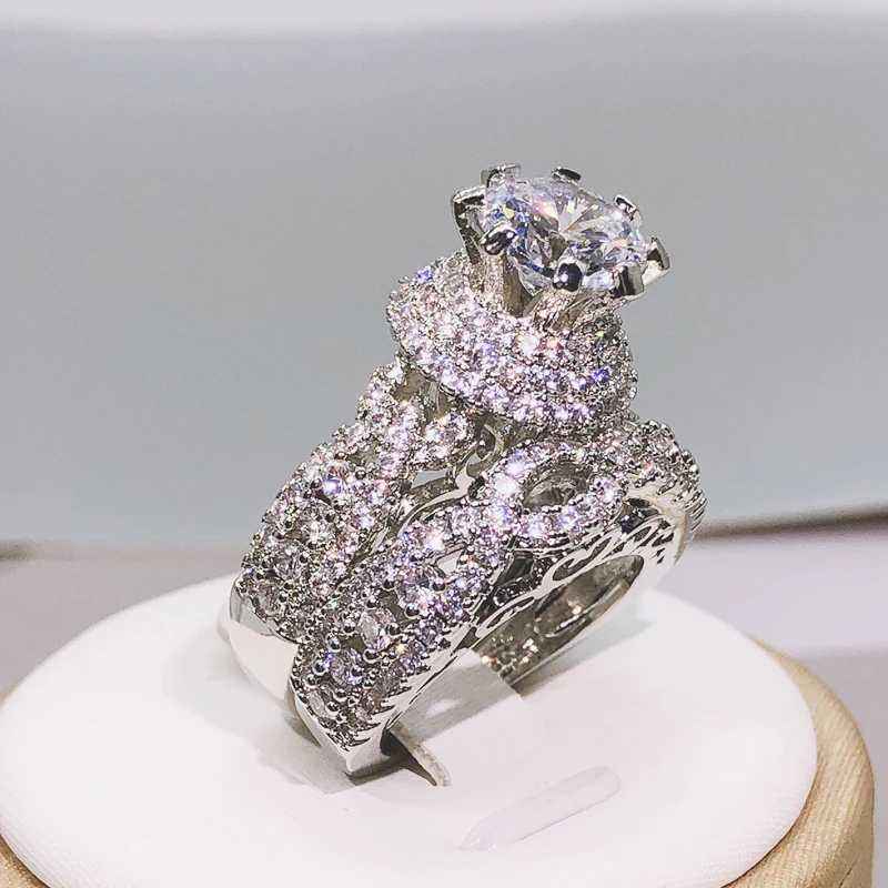 925 Silver Round Ring 2 pcs Set For Women Girls Wedding Engagement Party silver rings,silver ring,wedding rings