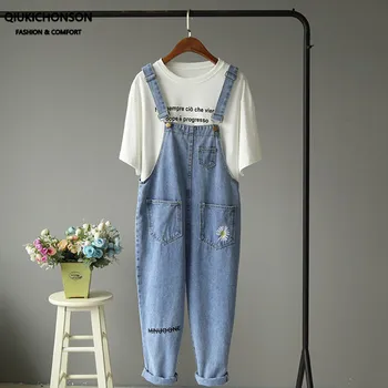

Qiukichonson Korean Fashion Womens Jumpsuit Casual Kawaii Daisy Letter Embroidery Denim Overalls Harem Jeans One Piece Outfits