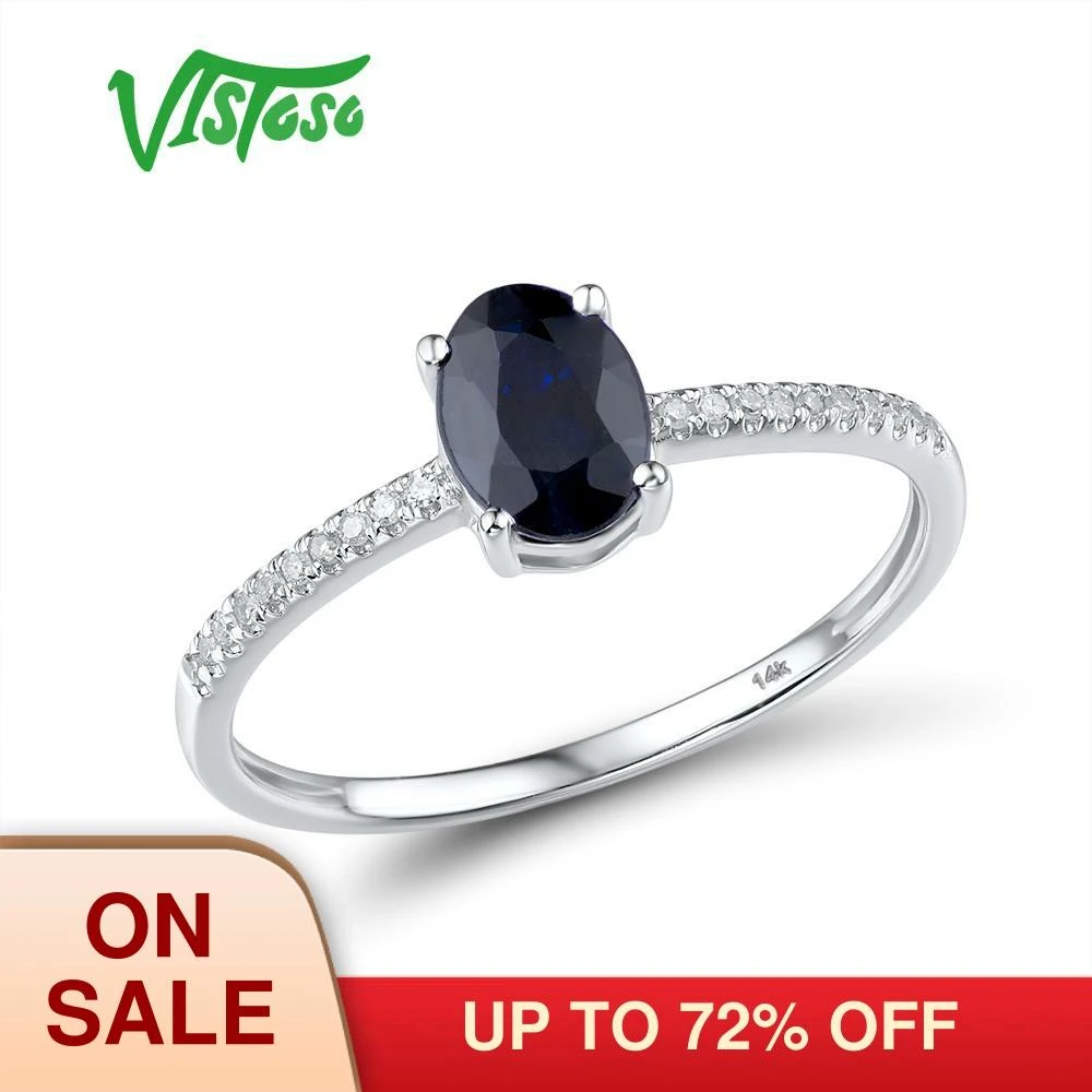 US $132.05 VISTOSO Pure 14K 585 White Gold Ring For Women Ring shining Diamond 7X5mm Blue Sapphire Luxury Wedding Engagement Fine Jewelry