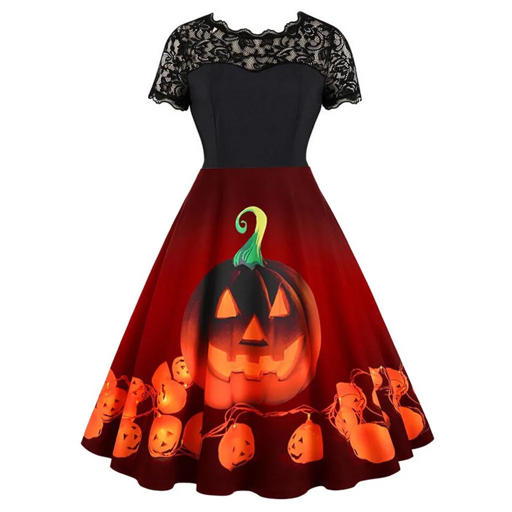 Red Halloween Style Elegant Dress Women Vintage Lase Short Sleeve Halloween sukienki 50s Housewife Evening Party Dress Robe#C9 - Цвет: Red