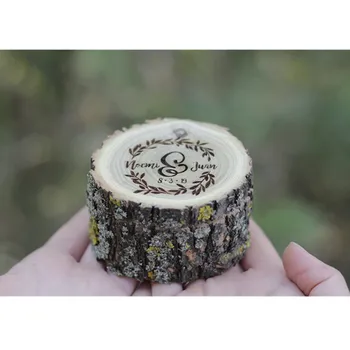 

personalized ring box wood slice ring bearer Pillow Alternative wedding Ring Holder Engraved Engagement Jewelry Box couple gift