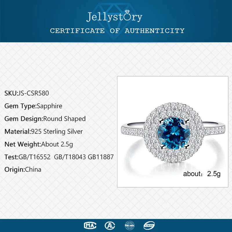 Jellystory Classic 925 Silver Ring For Women With Round Shape Sapphire Gemstone AAA Zircon Wedding Party Gift Size 6-10