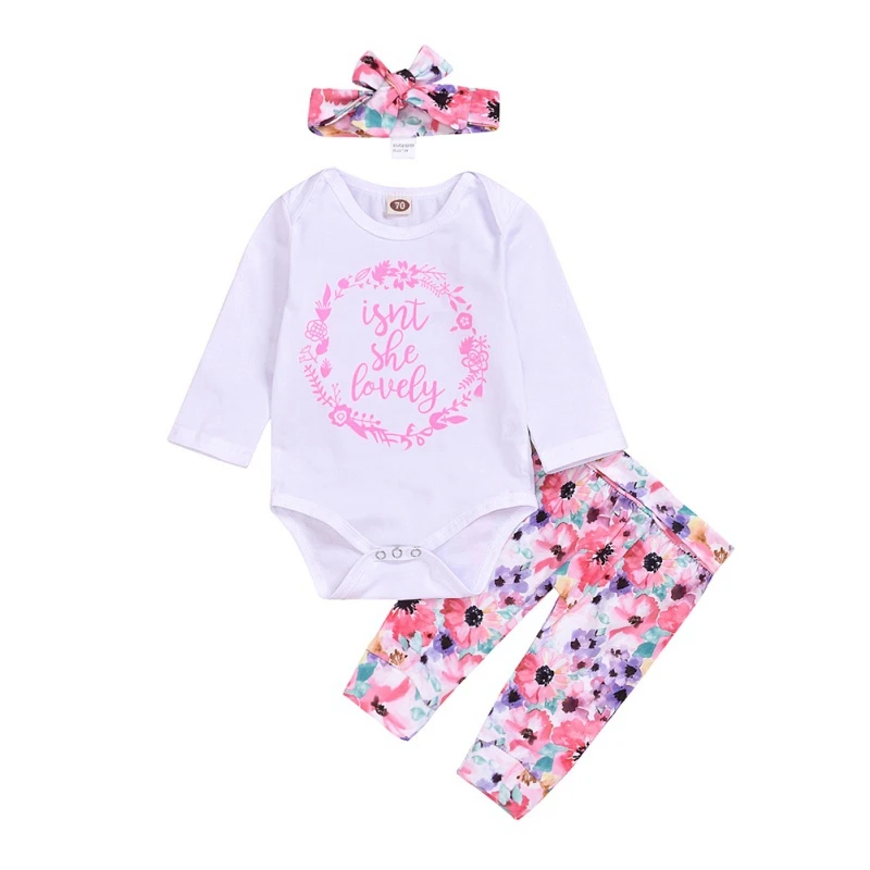 Baby Clothes Kids Girl Romper Love at First Sight Floral Long Pants Flower Headband 3pcs Outfits 0-24M - Color: NY1079P
