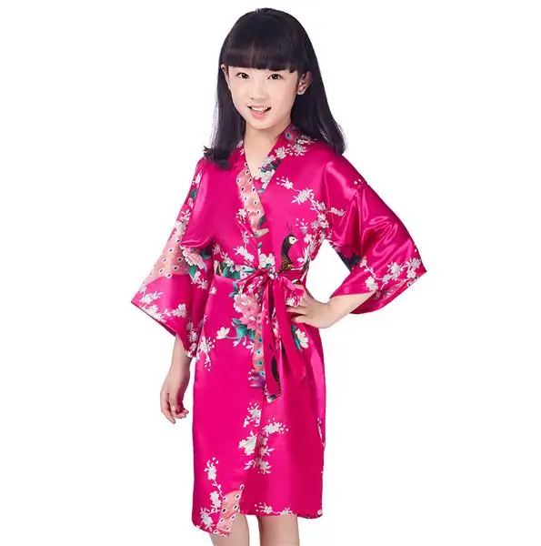 Soft Wedding Flower Girl Kimono Bathrobe Gown Sleepwear Nightgown Child Home Clothing Dress Baby Intimate Lingerie Homewear Robe - Цвет: Rose red