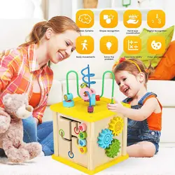 Деревянный подвижный Куб 5 в 1, многоцелевой обучающий лабиринт из бисера, цветная сортировочная игрушка в форме дерева для детей