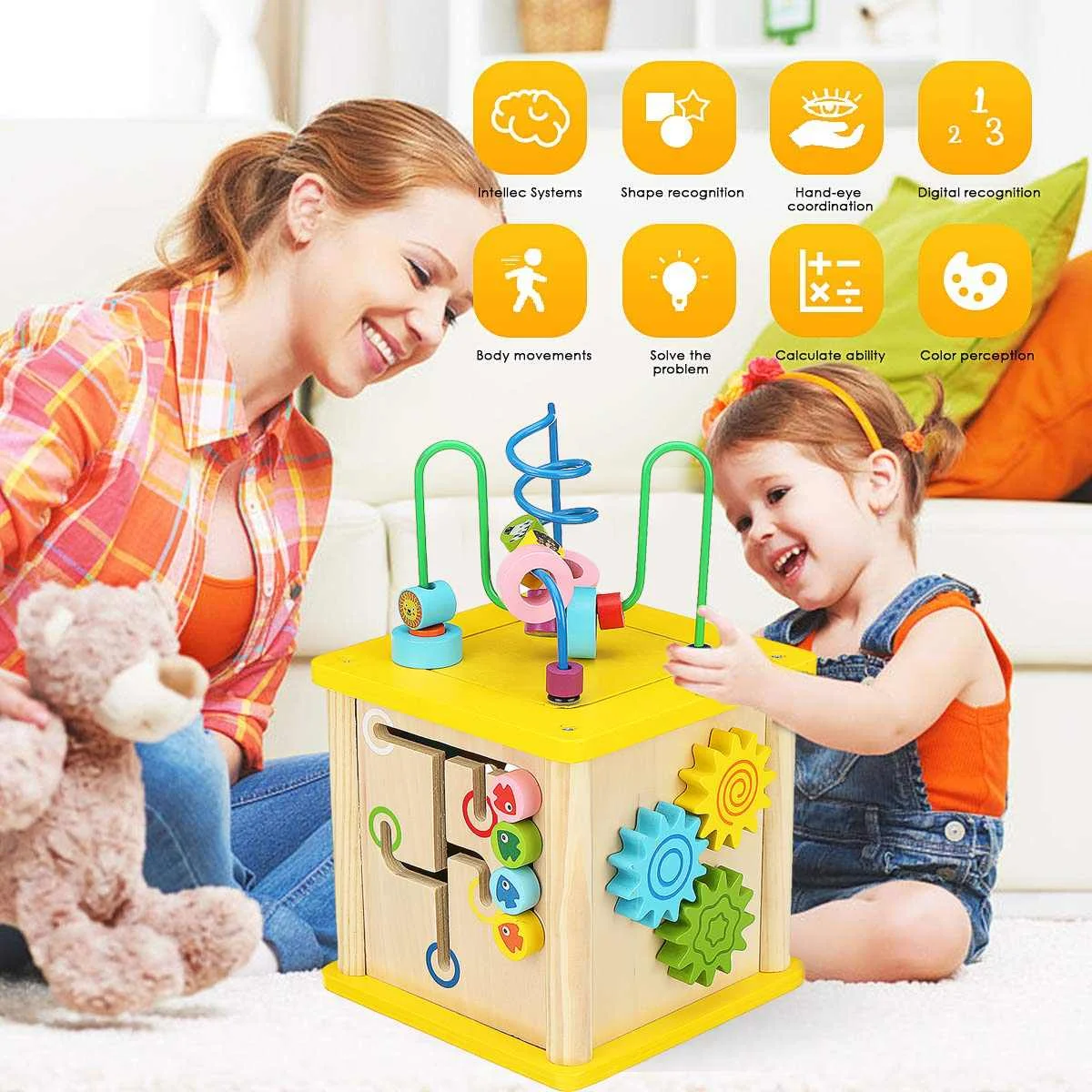 

Wooden Activity Cube 5 in 1 Bead Maze Multipurpose Educational Toy Wood Shape Color Sorter for Kids