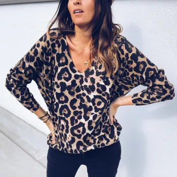

Women Long Sleeve Surplice Wrap Top Leopard Deep V Neck Blouse Women Spring Autumn Casual Pullovers Blouses Shirts