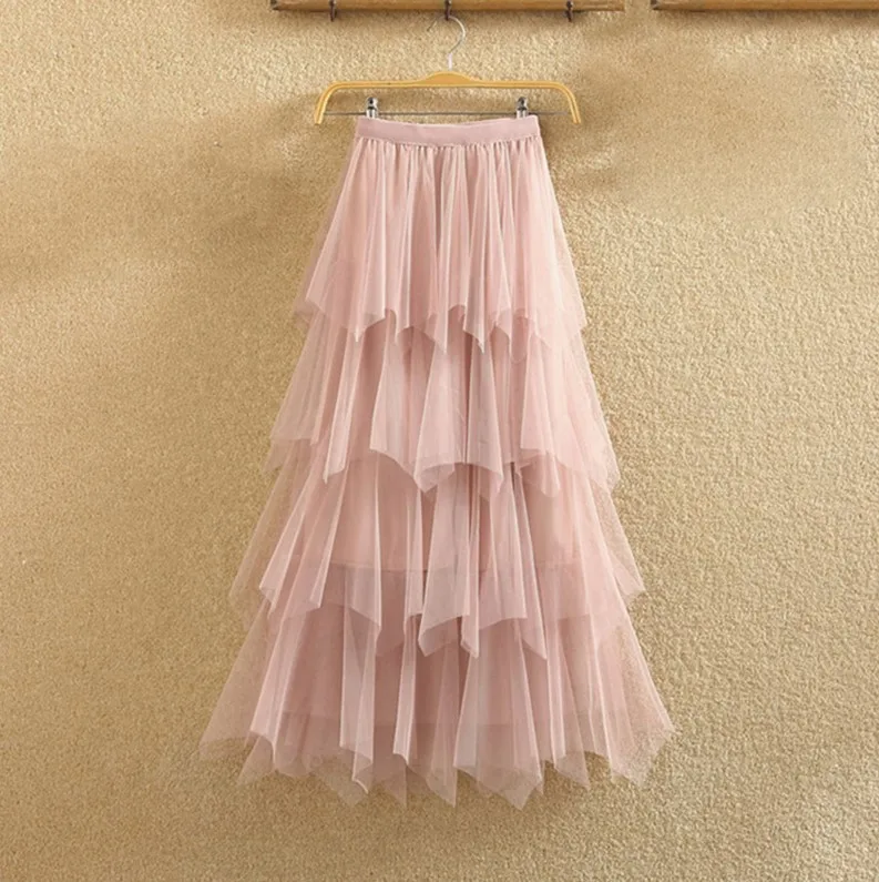 Pink 2 Женские Асимметричные тюлевые юбки, модные эластичные сетчатые юбки с высокой талией, гофрированные длинные юбки, юбка миди, Saias Faldas Jupe Femmle - Цвет: Pink 2