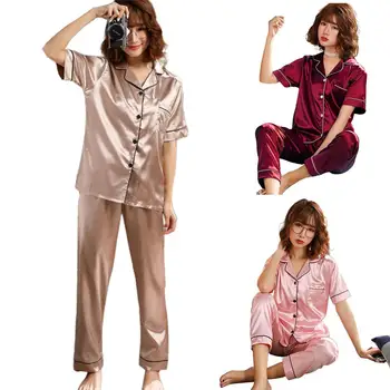 

Women Turndown Collar Button up Short Sleeve Blouse Pants Loungewear Pajama Set Blouse Pants Loungewear Pajama Set Blouse Pants