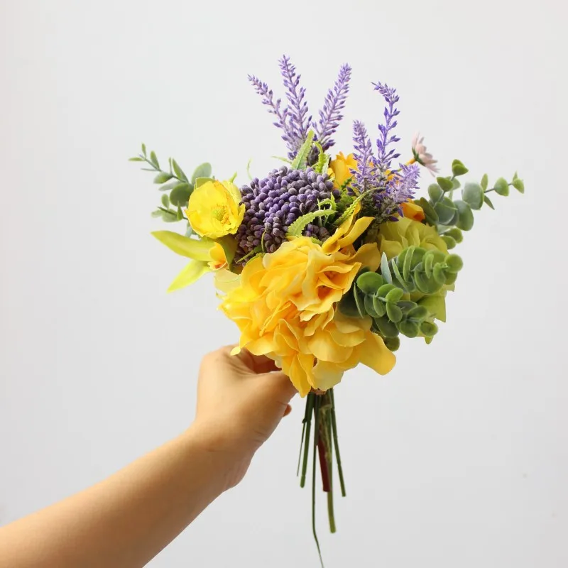 Wedding Bouquet Artificial Silk Flower European style Bridesmaid Bouquet Golden Yellow and Purple Flowers Wedding Decoration
