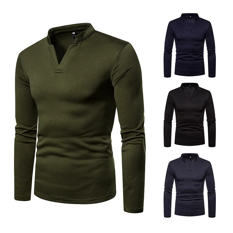 

Men Youth Casual Youth Solid Color Large Size plus Velvet Warm Henry Collar Long-sleeved T-shirt Base Shirt