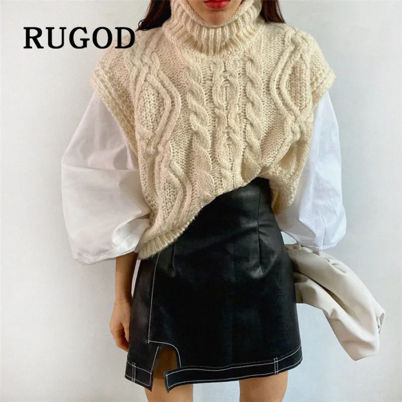 RUGOD вязаный жилет без рукавов Топ женский однотонный водолазка Простой корейский
