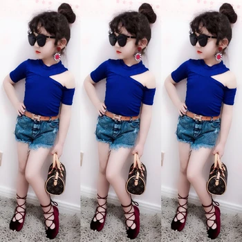 

Summer girls t shirt baby tops kids tee children streetwear clothes fashion solid skinny halter off shoulder 1 to 8 yrs