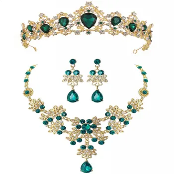 

Baroque Vintage Gold Red Green Blue Crystal Bridal Jewelry Sets Necklace Earrings Tiara Set Wedding African Beads Jewelry Sets
