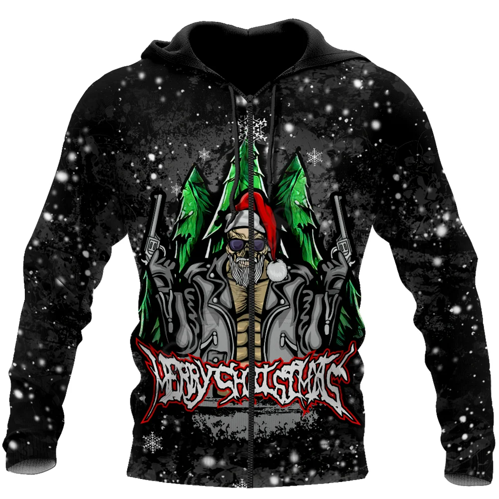 Merry Chrismas And Happy New Yeah Skull Santa 3D All Over Printed Hoodies zipper hoodies women For men Funny Pullover streetwear