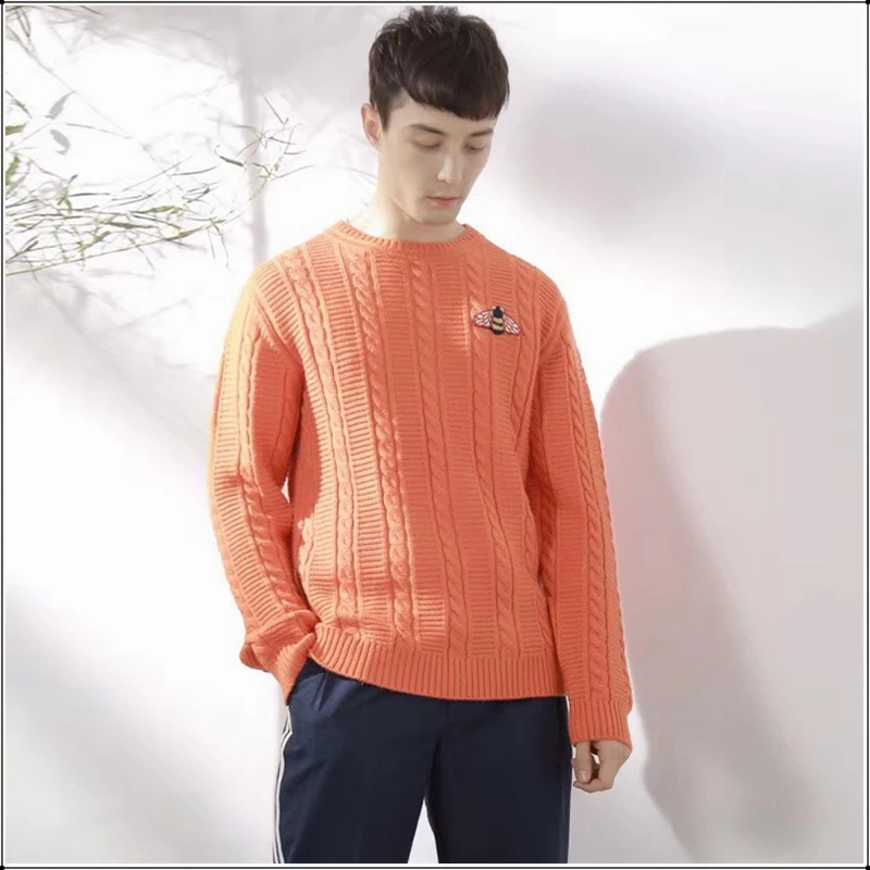 

Men Winter Orange O Neck Wool Sweater Plus Big Size Casual Fashion Bee Embroidery Brand Sweatercoat Thick Pullovers Korean Style