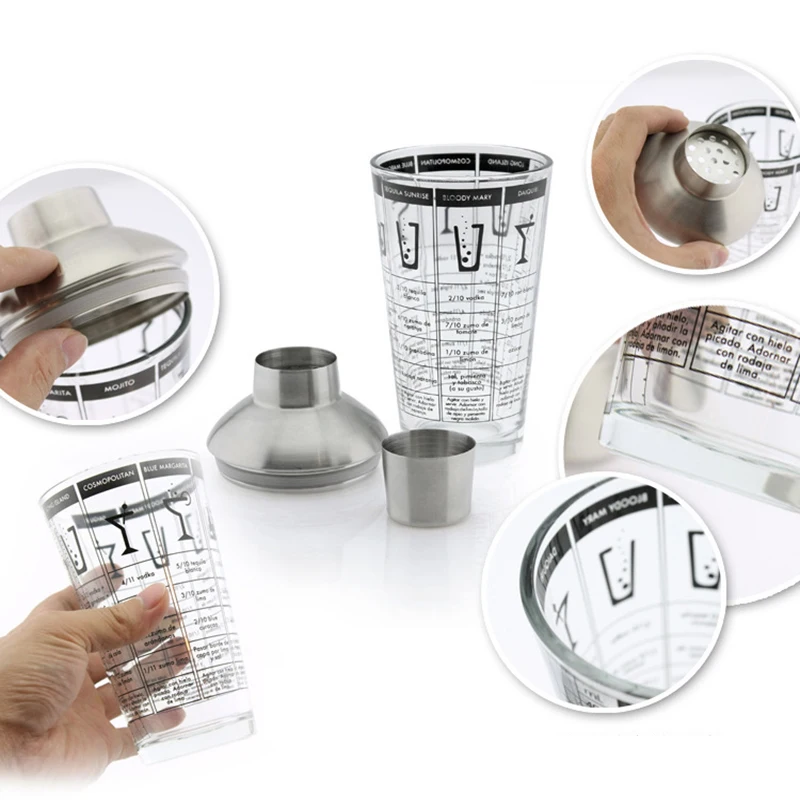 

Cocktail Shakers 450ML Stainless Steel Transparent Glass Measurement Boston Drink Martini Bottle Wine Bar Bartending Tools