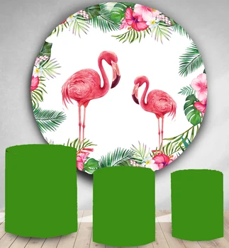

Circle backdrop round photo background tropical plants palm leaves flamingo birthday party decor candy dessert table cover YY118