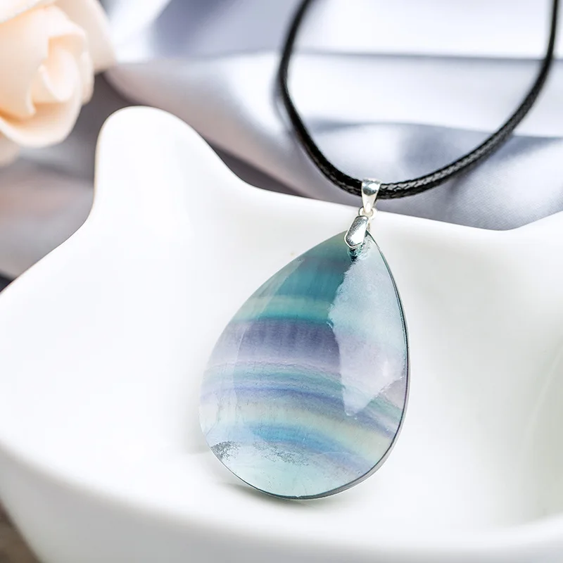 100% Natural Fluorite Water Drop Pendant Green Purple Colorful stone Reiki Healing Crystal Pendulum Rope Silver Clavicle Chain