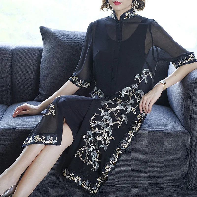 

2019 Spring New Style Ethnic-Style WOMEN'S Dress Black And White with Pattern Mid-length Chinese-style Chiffon Printed Cheongsam