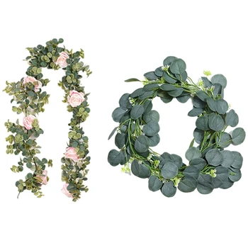 

1Pcs 2M Silk Vines Artificial Eucalyptus Garland Rattan & 1Pcs 1.8M Artificial Pink Core White Petals Roses Flower Vine
