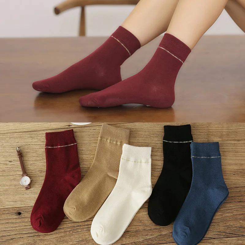 

1 Pair of Autumn and Winter NEW Japanese Horizontal Stripe Middle Tube Socks Women's Cotton Solid Color Leisure Women's Socks