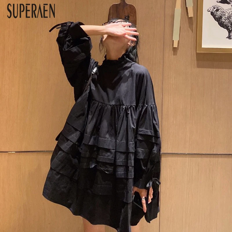 Ceny SuperAen słodki bufiaste rękawy kobiety sukienka nowy 2019 jesień bawełna Casual sukienka damska z długim rękawem moda damska odzież