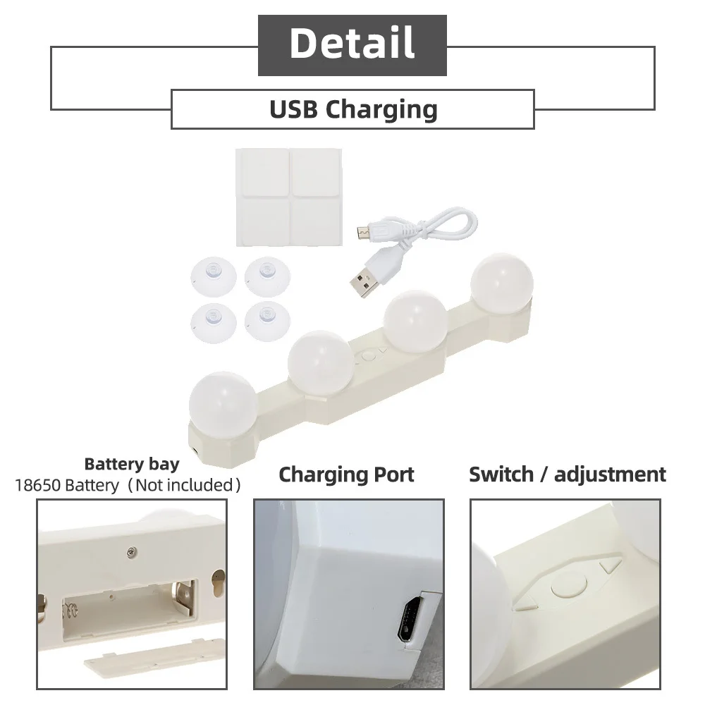 Светодиодный светильник-зеркало s, голливудская лампа, Косметическая лампа, светильник для макияжа, USB, 4 лампы, перезаряжаемый, регулируемая яркость, светильник, зеркальные лампы
